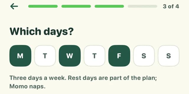 Promise setup screen titled Which days?, with Monday, Wednesday and Friday selected and an optional reminder